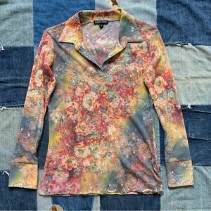 vintage boho chic sequined floral paisley collared blouse size S